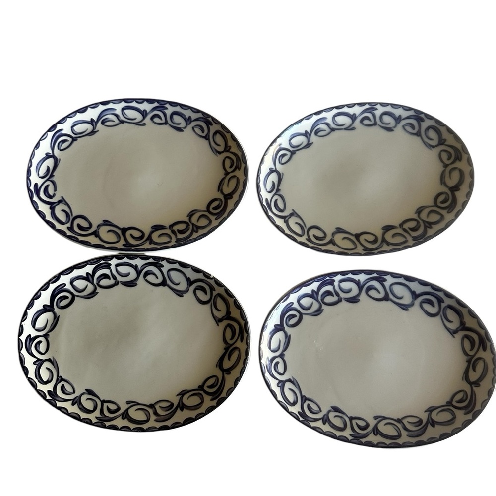 HAND CRAFTED STONEWARE SMALL OVAL PLATERS WITH PAINTED BLUE SCROLLS - Picture 1 of 12
